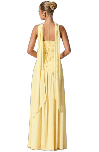 Elegant Yellow Maxi Dress for Women with Strapless Asymmetric Flowing Formal Style