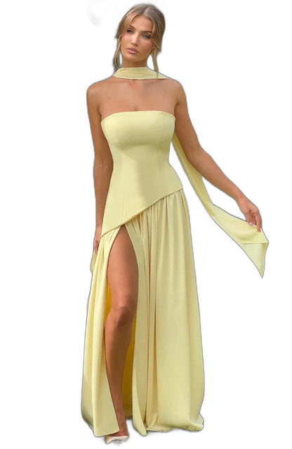 Elegant Yellow Maxi Dress for Women with Strapless Asymmetric Flowing Formal Style