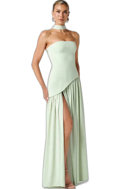 Elegant Yellow Maxi Dress for Women with Strapless Asymmetric Flowing Formal Style