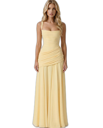 Elegant Yellow Maxi Dress for Women with Strapless Bodycon Ruched Party Style