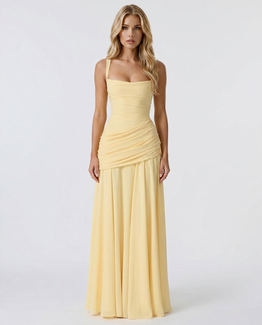 Elegant Yellow Maxi Dress for Women with Strapless Bodycon Ruched Party Style