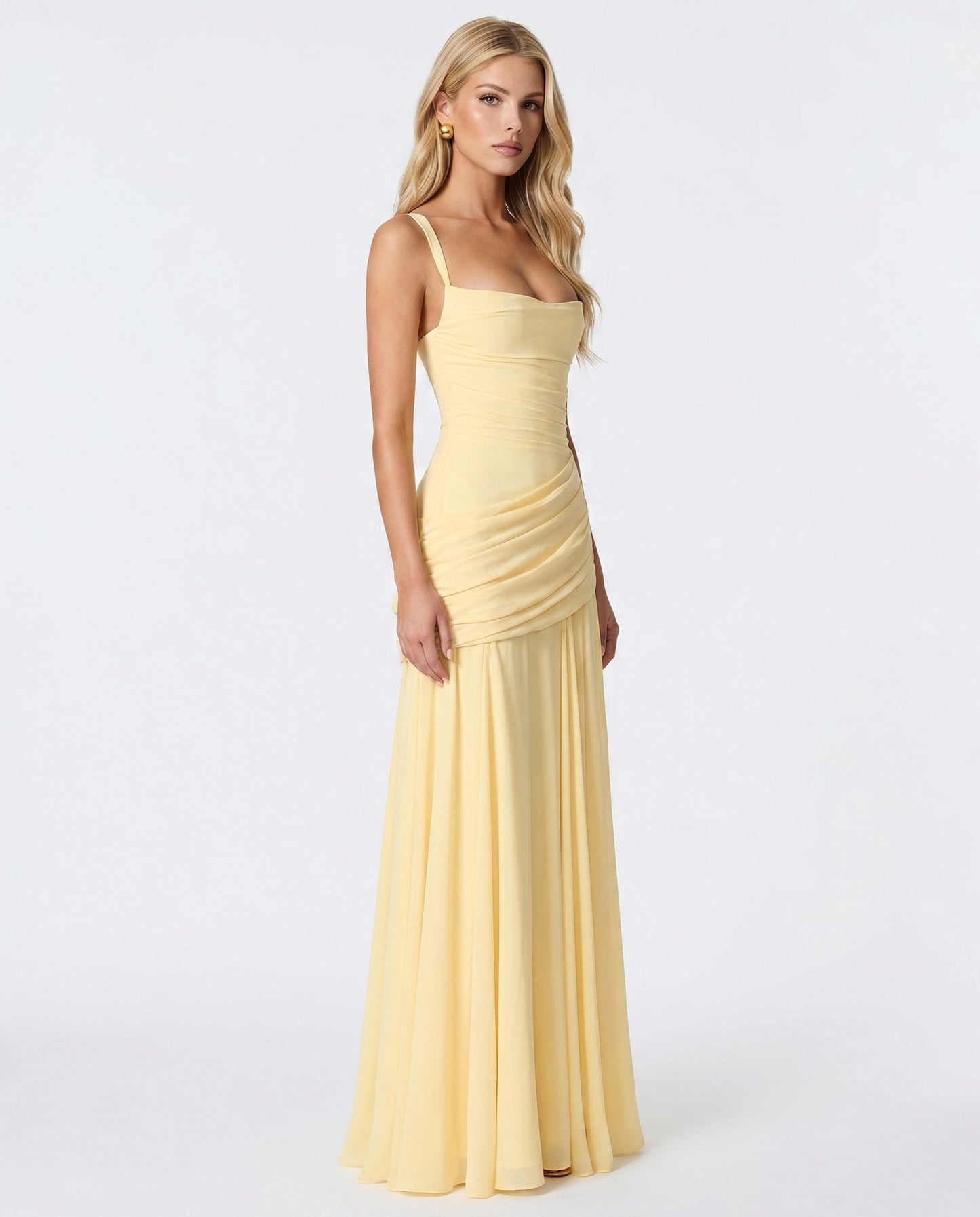 Elegant Yellow Maxi Dress for Women with Strapless Bodycon Ruched Party Style