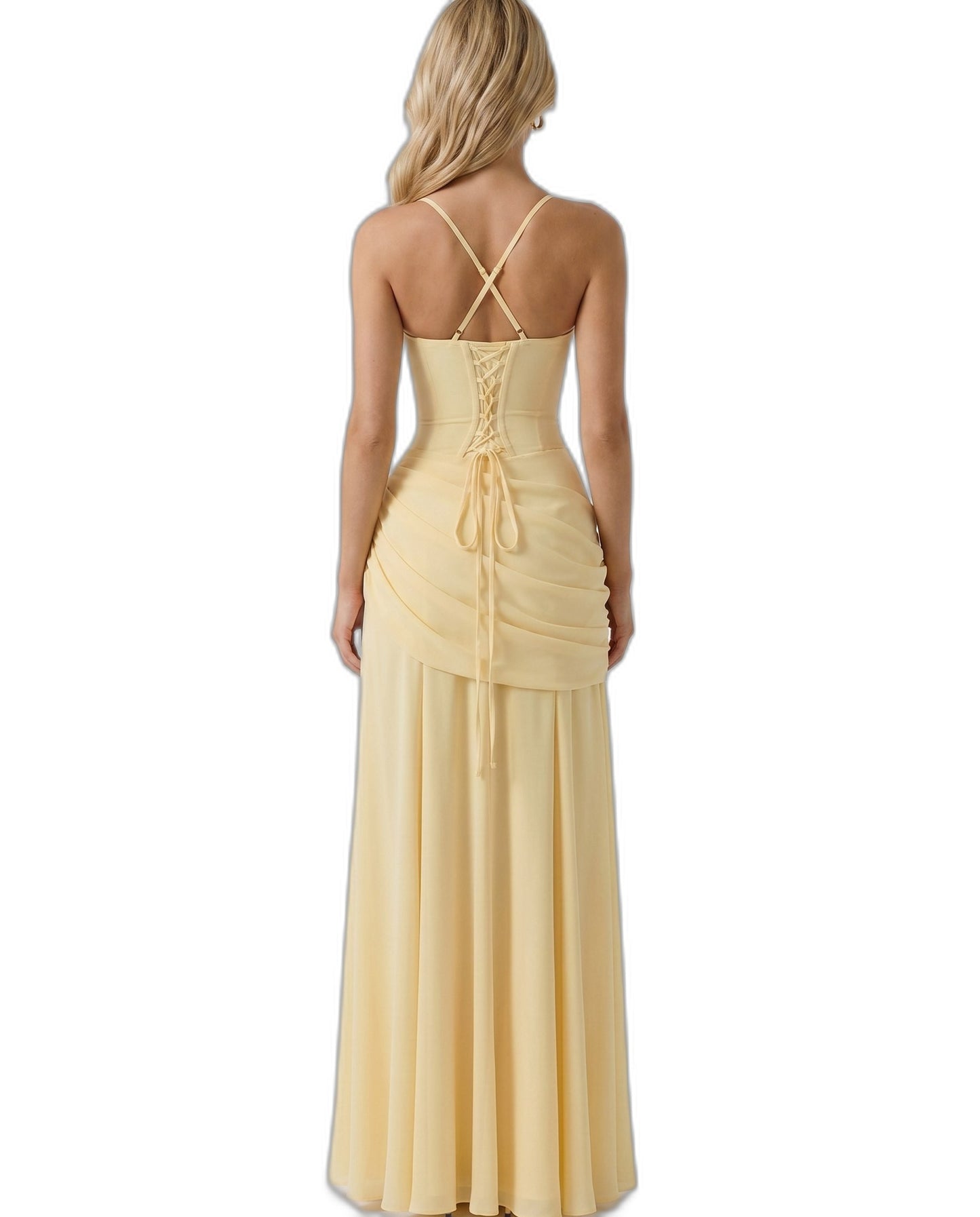 Elegant Yellow Maxi Dress for Women with Strapless Bodycon Ruched Party Style