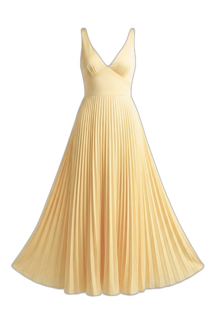 Elegant Yellow Maxi Dress for Women with V Neck Sleeveless A Line Pleated Formal Style