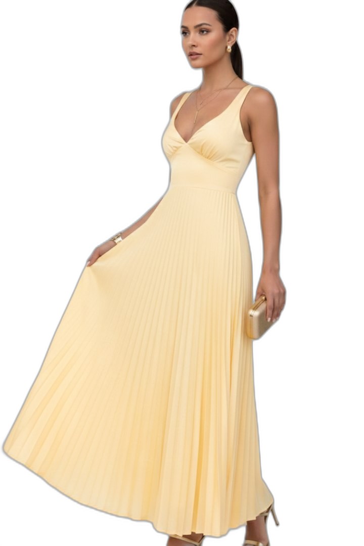 Elegant Yellow Maxi Dress for Women with V Neck Sleeveless A Line Pleated Formal Style