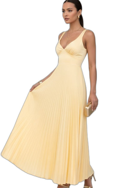 Elegant Yellow Maxi Dress for Women with V Neck Sleeveless A Line Pleated Formal Style