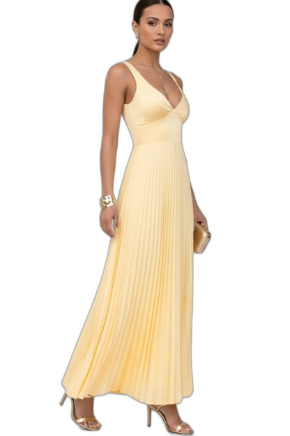 Elegant Yellow Maxi Dress for Women with V Neck Sleeveless A Line Pleated Formal Style
