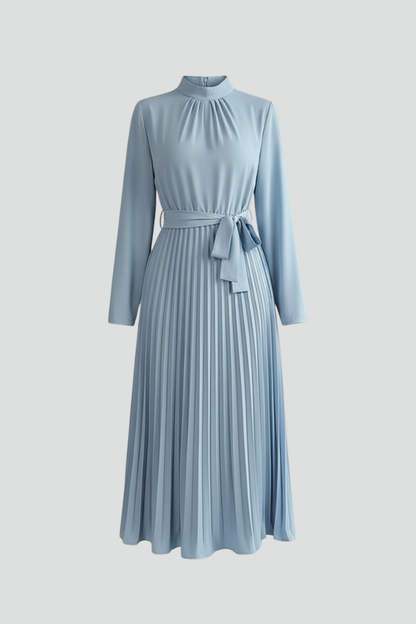 Elegant Pleated Midi Dress for Women with Long Sleeve High Neck Belted Waist Formal Wedding Guest Style