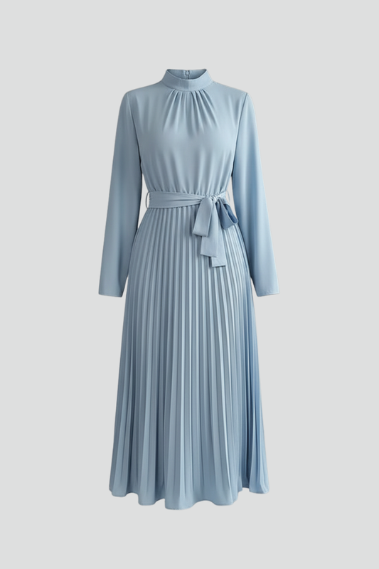 Elegant Pleated Midi Dress for Women with Long Sleeve High Neck Belted Waist Formal Wedding Guest Style