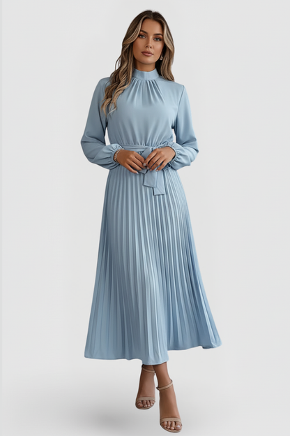 Elegant Pleated Midi Dress for Women with Long Sleeve High Neck Belted Waist Formal Wedding Guest Style