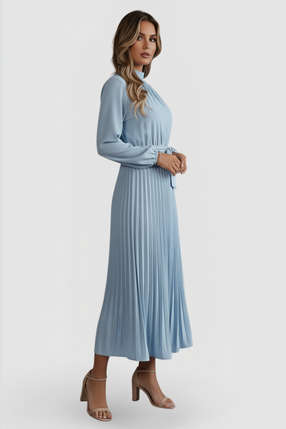 Elegant Pleated Midi Dress for Women with Long Sleeve High Neck Belted Waist Formal Wedding Guest Style