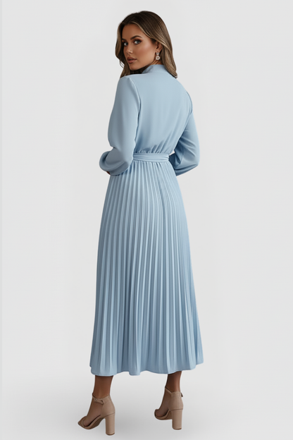 Elegant Pleated Midi Dress for Women with Long Sleeve High Neck Belted Waist Formal Wedding Guest Style