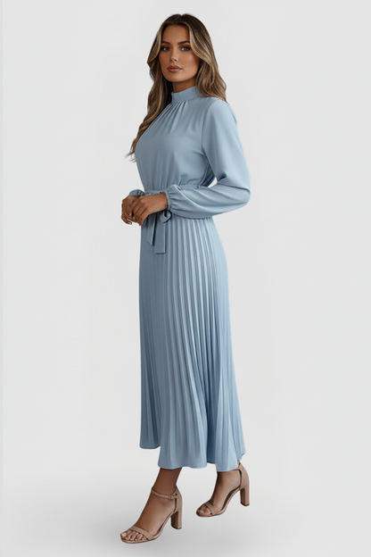 Elegant Pleated Midi Dress for Women with Long Sleeve High Neck Belted Waist Formal Wedding Guest Style