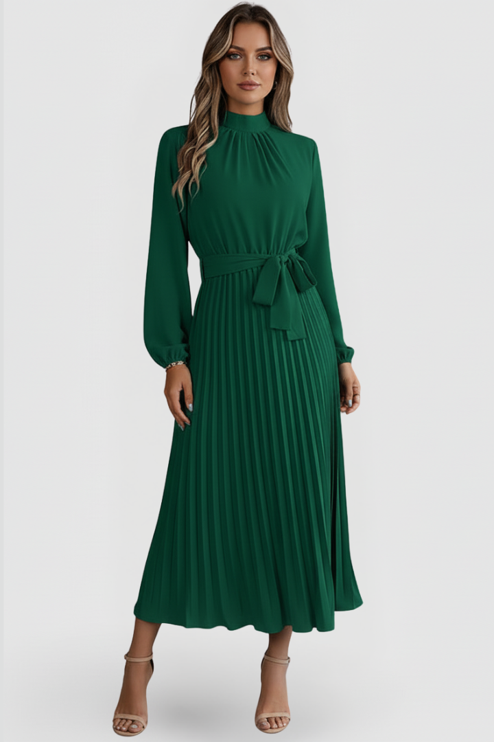 Elegant Pleated Midi Dress for Women with Long Sleeve High Neck Belted Waist Formal Wedding Guest Style