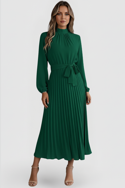 Elegant Pleated Midi Dress for Women with Long Sleeve High Neck Belted Waist Formal Wedding Guest Style