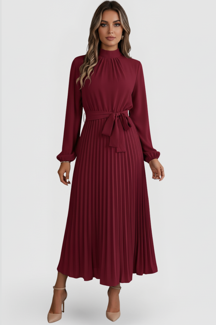 Elegant Pleated Midi Dress for Women with Long Sleeve High Neck Belted Waist Formal Wedding Guest Style