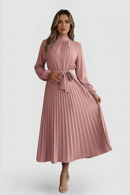 Elegant Pleated Midi Dress for Women with Long Sleeve High Neck Belted Waist Formal Wedding Guest Style