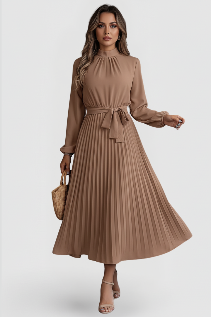 Elegant Pleated Midi Dress for Women with Long Sleeve High Neck Belted Waist Formal Wedding Guest Style