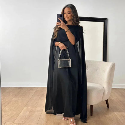 Elegant Chiffon Maxi Dress for Women with Round Neck Cape Sleeve Kaftan Formal Wedding Guest Style
