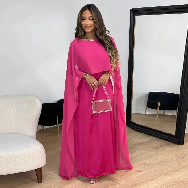 Elegant Chiffon Maxi Dress for Women with Round Neck Cape Sleeve Kaftan Formal Wedding Guest Style
