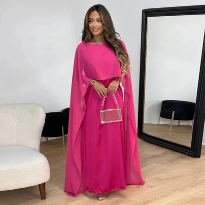 Elegant Chiffon Maxi Dress for Women with Round Neck Cape Sleeve Kaftan Formal Wedding Guest Style