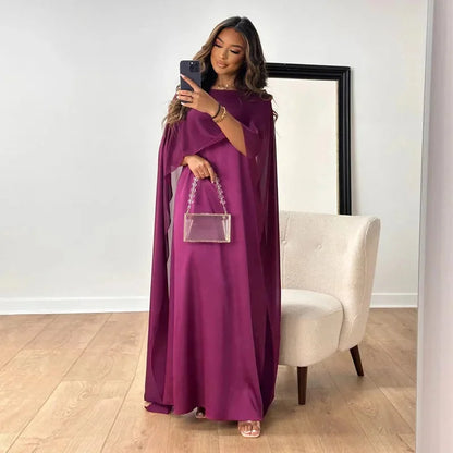Elegant Chiffon Maxi Dress for Women with Round Neck Cape Sleeve Kaftan Formal Wedding Guest Style