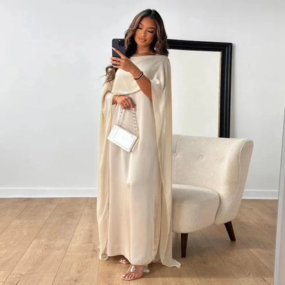 Elegant Chiffon Maxi Dress for Women with Round Neck Cape Sleeve Kaftan Formal Wedding Guest Style