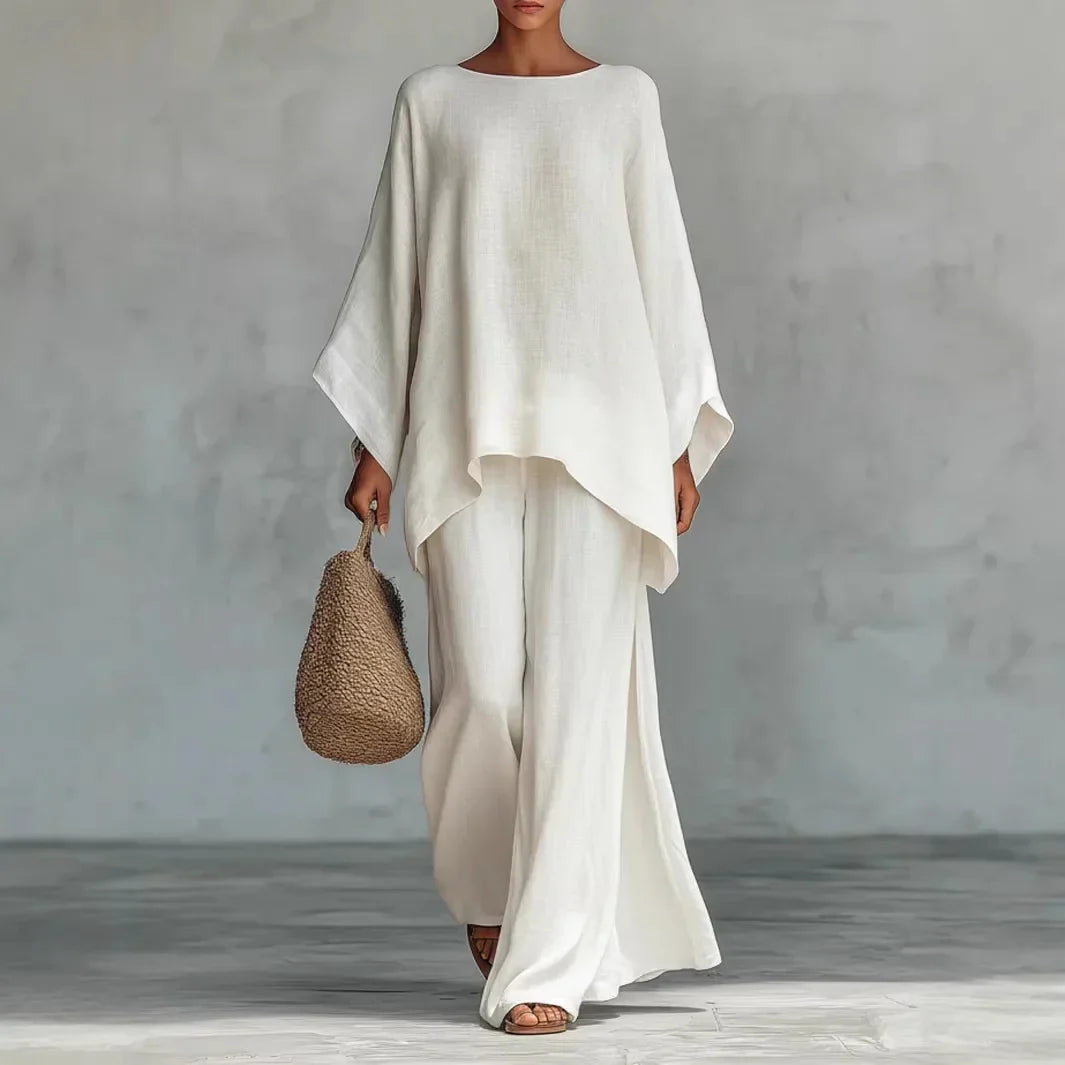 Effortless Linen Wide Leg Set for Women with Round Neck Batwing Sleeve Asymmetrical Two Piece Style