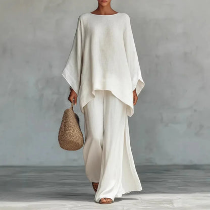 Effortless Linen Wide Leg Set for Women with Round Neck Batwing Sleeve Asymmetrical Two Piece Style