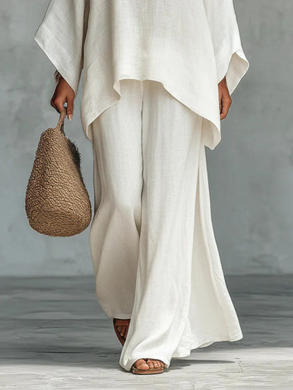 Effortless Linen Wide Leg Set for Women with Round Neck Batwing Sleeve Asymmetrical Two Piece Style