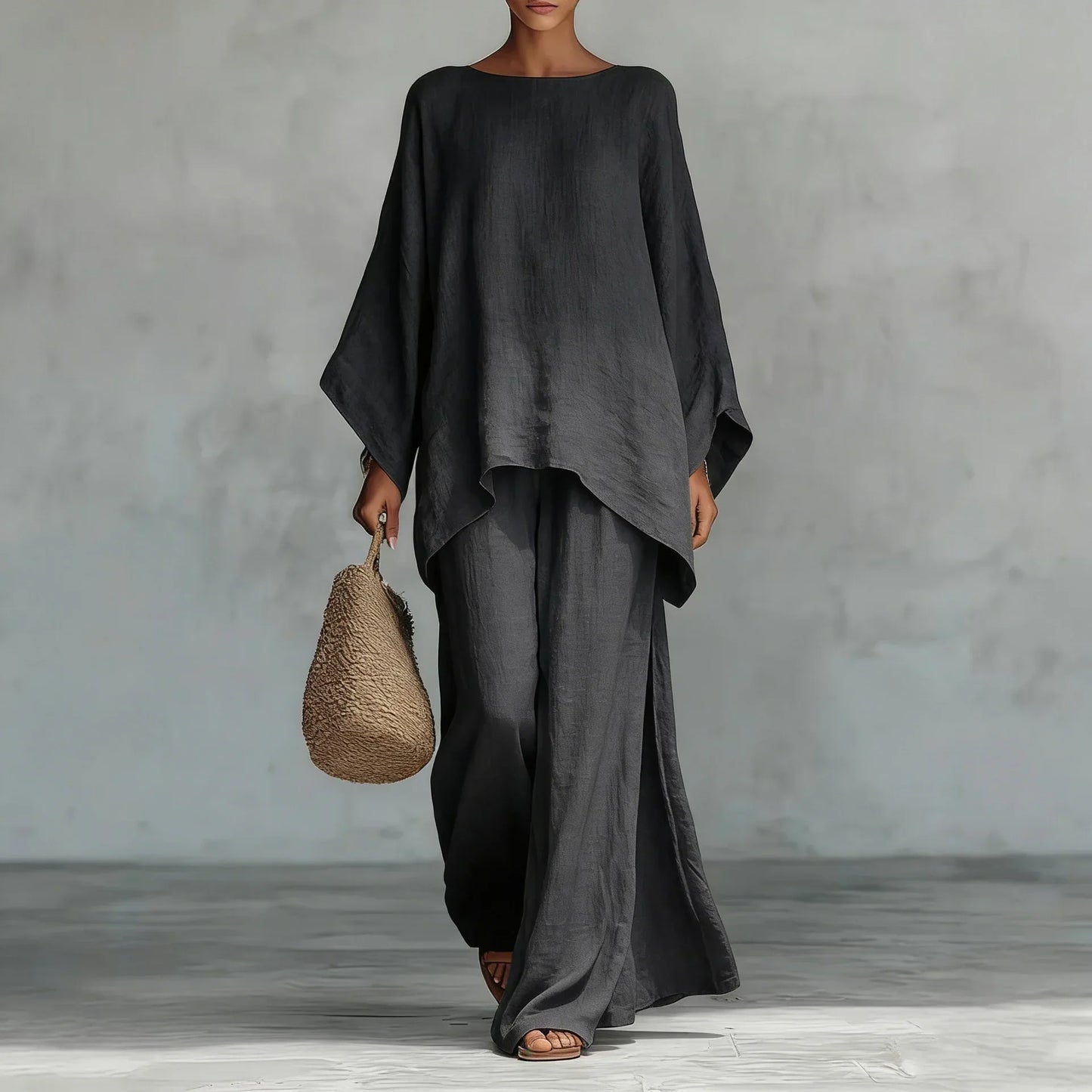 Effortless Linen Wide Leg Set for Women with Round Neck Batwing Sleeve Asymmetrical Two Piece Style