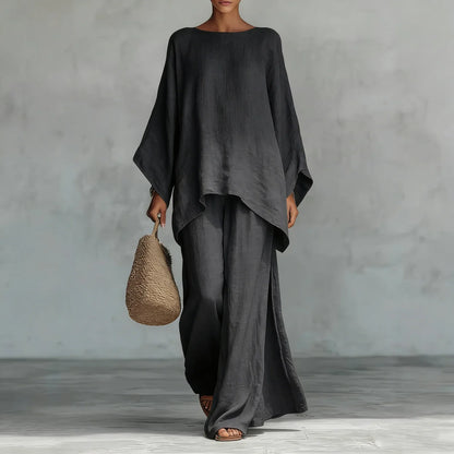 Effortless Linen Wide Leg Set for Women with Round Neck Batwing Sleeve Asymmetrical Two Piece Style
