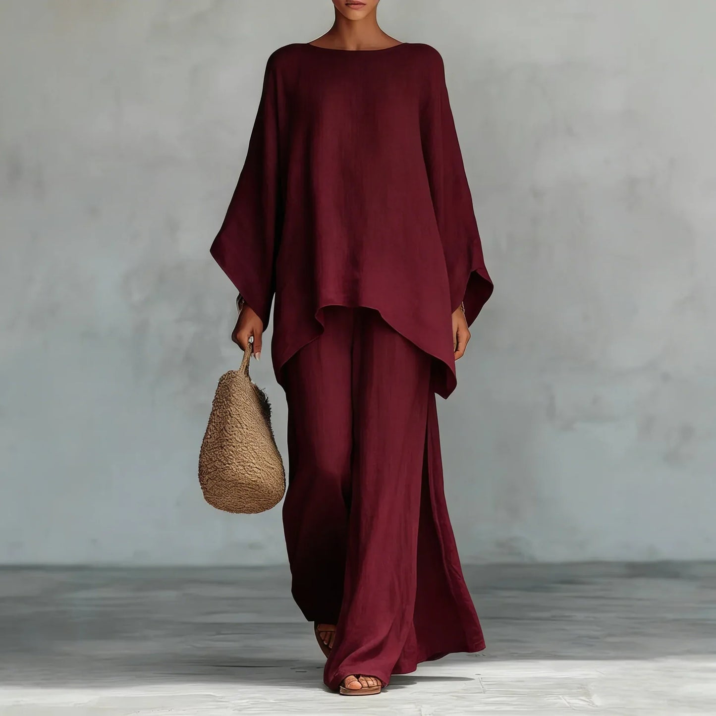 Effortless Linen Wide Leg Set for Women with Round Neck Batwing Sleeve Asymmetrical Two Piece Style
