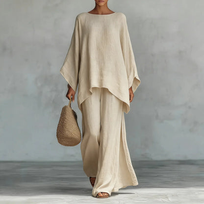 Effortless Linen Wide Leg Set for Women with Round Neck Batwing Sleeve Asymmetrical Two Piece Style