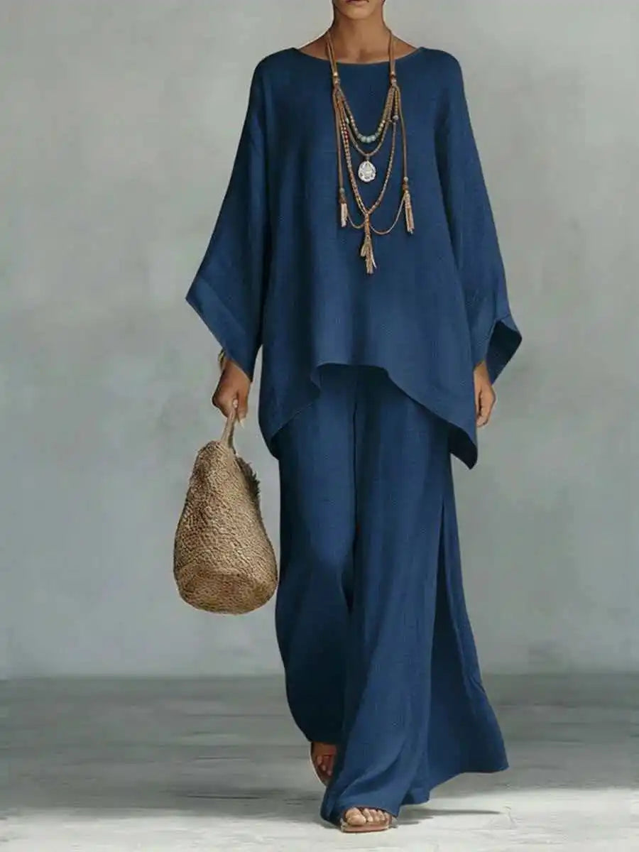 Effortless Linen Wide Leg Set for Women with Round Neck Batwing Sleeve Asymmetrical Two Piece Style