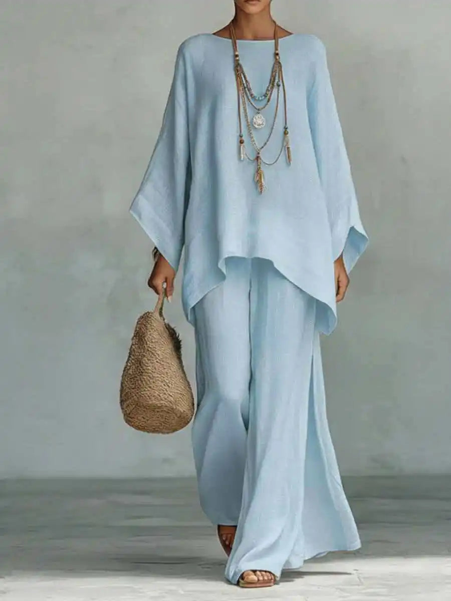 Effortless Linen Wide Leg Set for Women with Round Neck Batwing Sleeve Asymmetrical Two Piece Style
