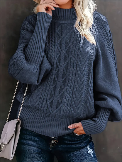 Comfortable Cable Knit Sweater for Women with Mock Neck Long Sleeve Relaxed Oversized Knit Style