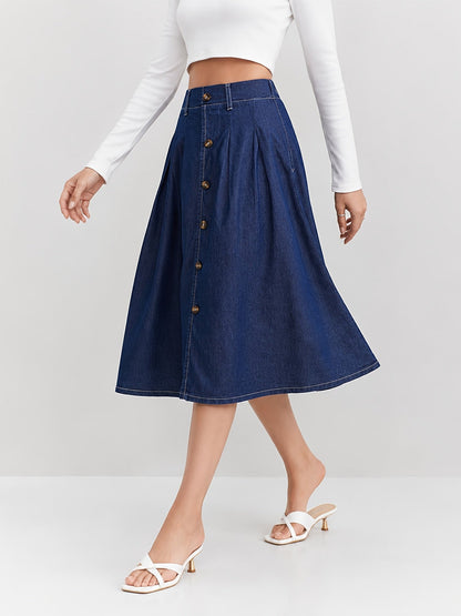 Effortless Medium Blue Denim Midi Skirt for Women with Button Front A Line Pleated Style