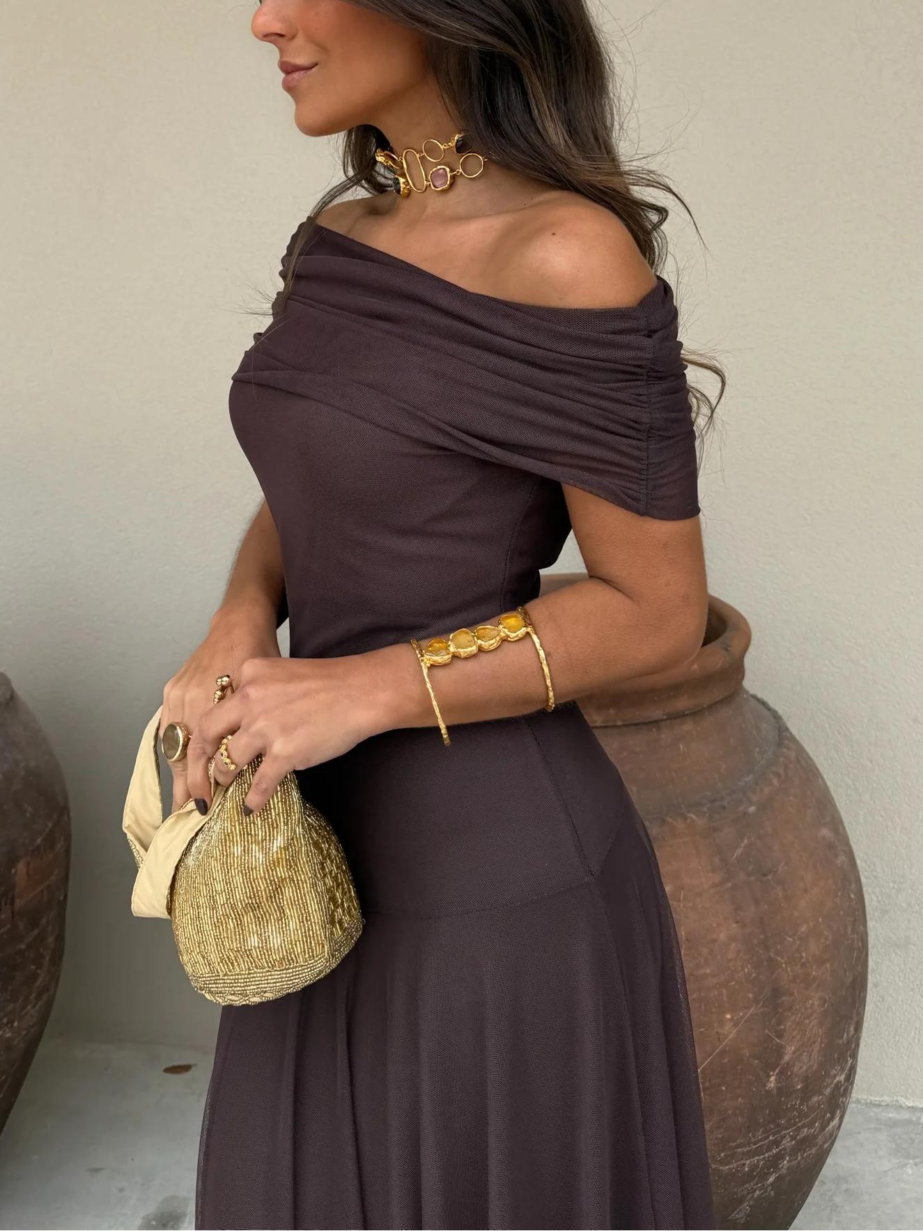 Elegant Sheer Mesh Maxi Dress for Women with Off Shoulder Short Sleeve Ruched Flowing Style