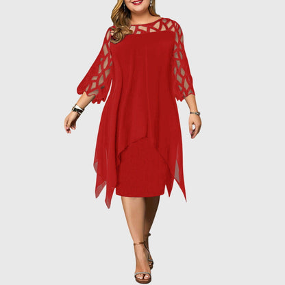 Elegant Chiffon Midi Dress for Women with Lace Yoke Long Sleeve Handkerchief Hem Formal Wedding Guest Style