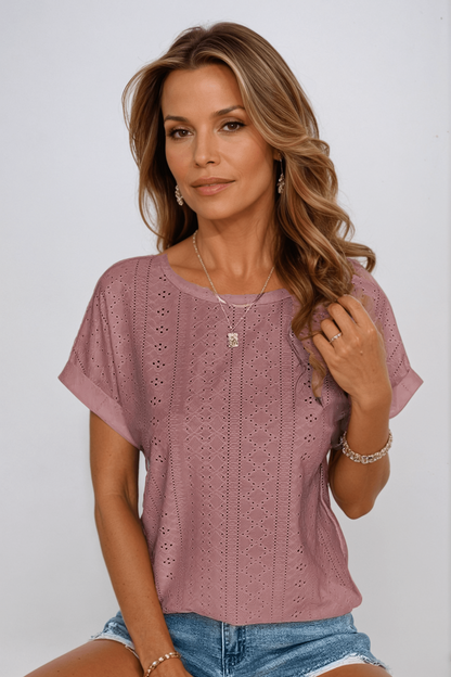 Effortless Eyelet Blouse for Women with Round Neck Short Sleeve Cuffed Relaxed Casual Style