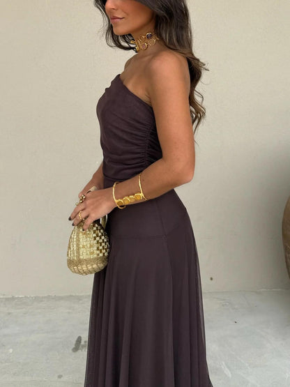 Elegant Sheer Mesh Maxi Dress for Women with Off Shoulder Short Sleeve Ruched Flowing Style