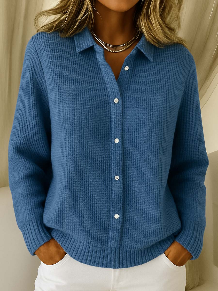 Comfortable Waffle Knit Cardigan Sweater for Women with Collar Long Sleeve Button Front Relaxed Oversized Knit Style
