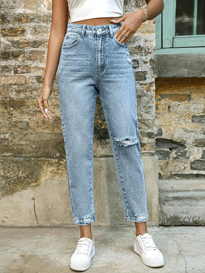 Effortless Blue Relaxed Mom Jeans for Women with High Waist Distressed Tapered Leg