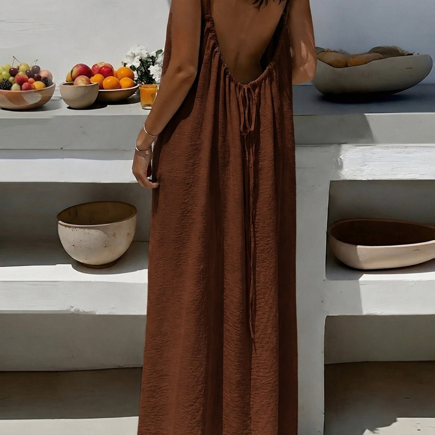 Effortless Crinkled Maxi Dress for Women with Scoop Back Spaghetti Strap Drawstring Flowing Bohemian Style