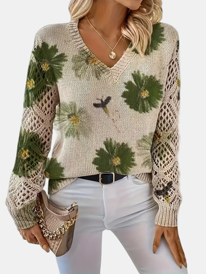 Comfortable Floral Print Sweater for Women with V Neck Long Sleeve Crochet Lace Oversized Knit Style