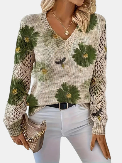 Comfortable Floral Print Sweater for Women with V Neck Long Sleeve Crochet Lace Oversized Knit Style