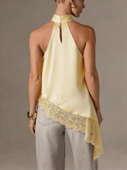 Elegant Satin Lace Trim Blouse for Women with Halter Neck Sleeveless Asymmetric Hem Silky Style