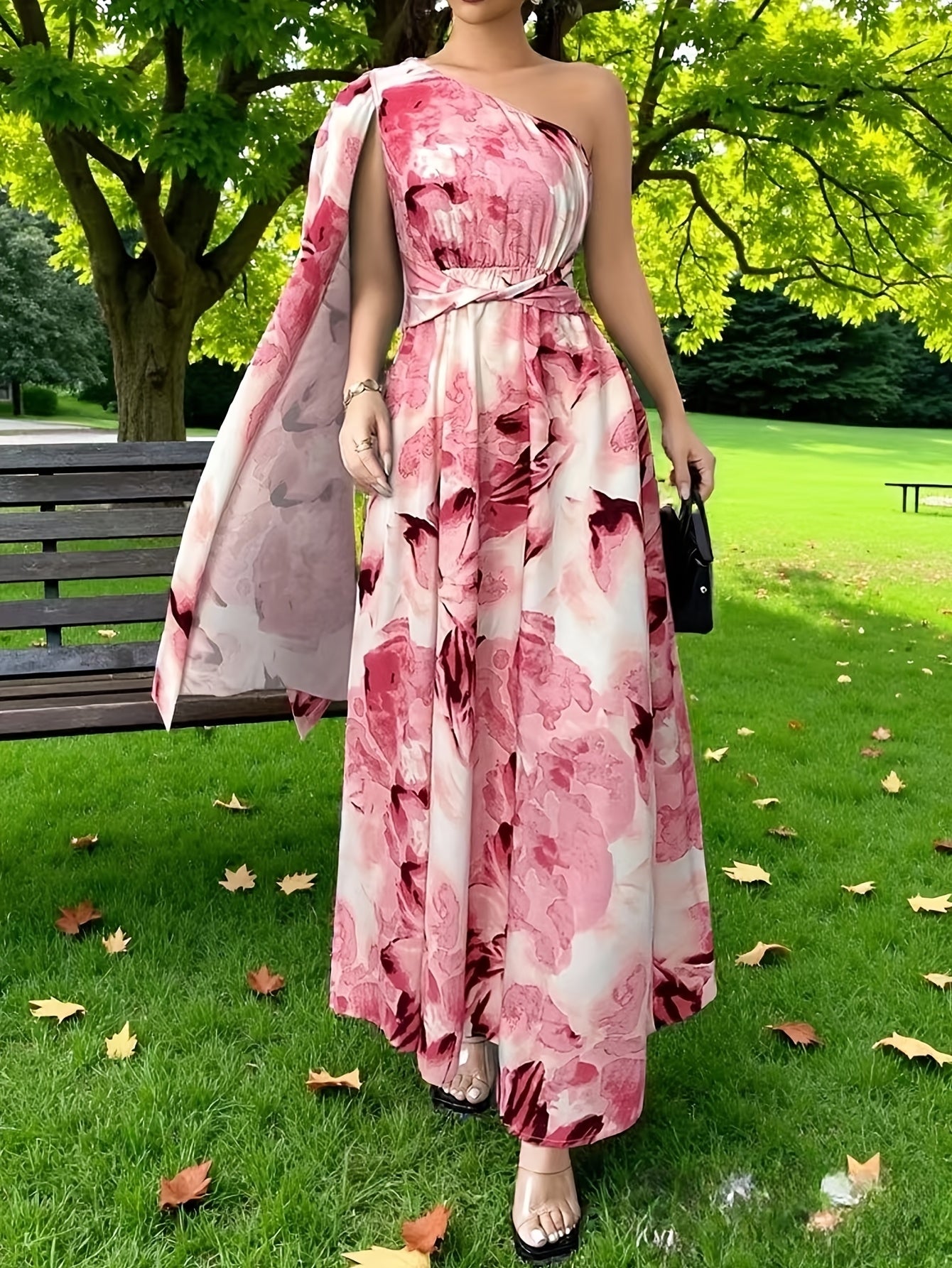 Elegant Floral Maxi Dress for Women with One Shoulder Draped Sleeve Formal Wedding Guest Style