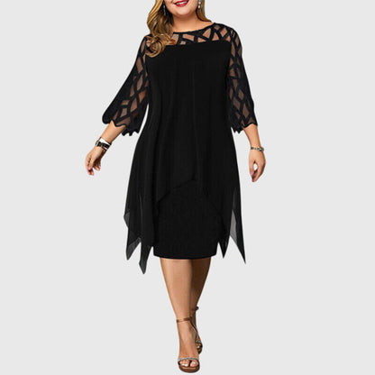 Elegant Chiffon Midi Dress for Women with Lace Yoke Long Sleeve Handkerchief Hem Formal Wedding Guest Style